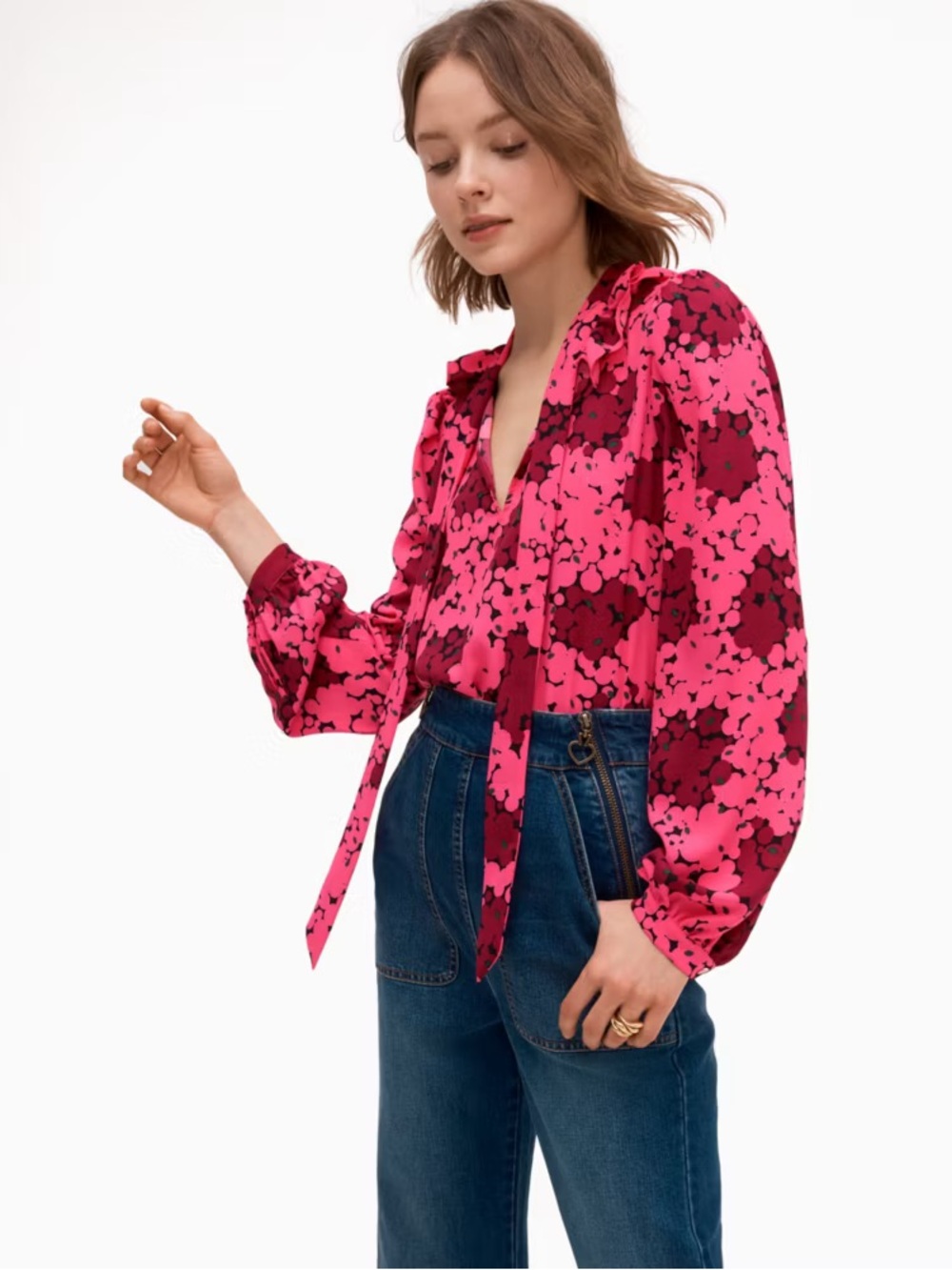 kate spade Hot Pink and Burgundy Floral Tie-Neck Blouse